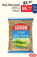 SABAN YEŞİL MERCİMEK 1000 G fiyat ve kampanya bilgisi
